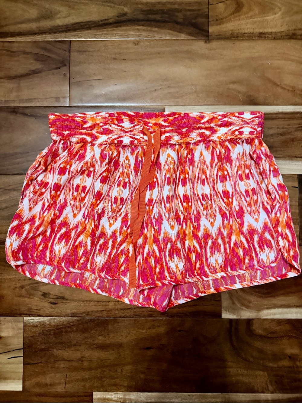 Joie Silk Pink and Orange Ikat-Print Athletic Shorts
